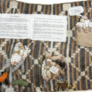 Woven from chaguar by the wichi mothers, chaguar-nylon-printed cloth-wood, 91,8x32,3x6 inches, 2014